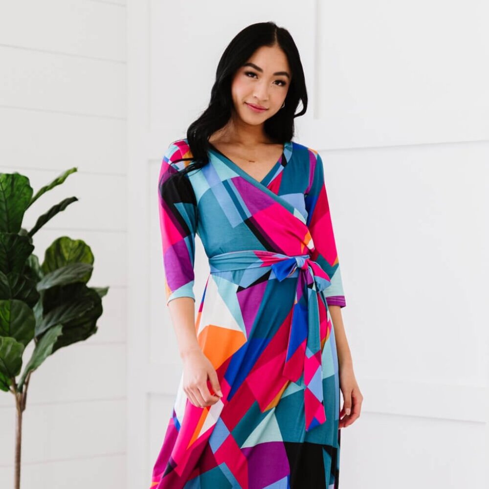 Geometric Tie-Waist Faux Wrap Maxi Dress
